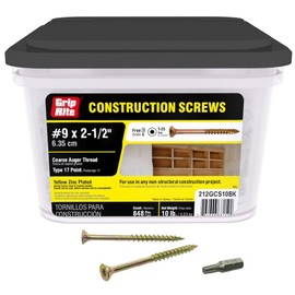 Grip Rite 212GCS10BK #9 by 2-1/2-inch Type 17 Coarse Auger Thread Yellow Zinc Plated T-25 Star Drive Construction Screws 848 Count, 10lbs.
