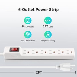 PLUGTUL Power Strip Surge Protector 2-Pack - 6 Outlets & 2 Ft Extension Cord, 1875W/15A 90 Joules, Overload & Surge Protection, Wall Mount for Home Office, ETL Listed White