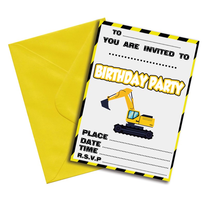 AK Giftshop Digger Construction Party Invites & Coloured Envelopes Birthday