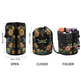 chaqlin Moon Dragonfly Floral Travel Cosmetic Bags Barrel Makeup Bag,Women Girls Portable Foldable Cases Multifunctional Toiletry Bucket Bags Round Organizer Storage Pocket