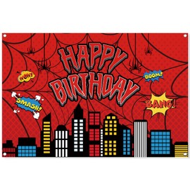 5x3ft Red Spider Web Birthday Party Backdrop Bday Photography for Baby Shower Boy Girls Happy Birthday Party Decorations Photo Booth Banner
