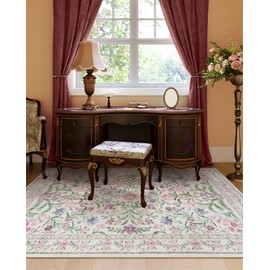 Lahome Boho Purple Floral 5x7 Area Rugs, Machine Washable Area Rugs for Living Room, Nursery Rugs for Bedroom, Soft Non-Slip Rug for Kids Room Girls Playroom, Pale Lilac/Pink