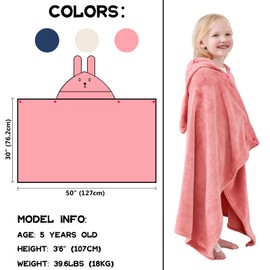 Hiturbo Kids Animal Hooded Towel: Soft Plush Fleece Blanket - 50"x30" Swim Cover Up - Pool Beach Bath Towel Wrap for 3-12 Yrs (Pink Rabbit)