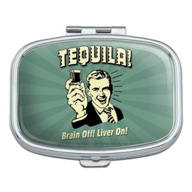 Tequila Brain Off Liver On Funny Humor Retro Rectangle Pill Case Trinket Gift Box
