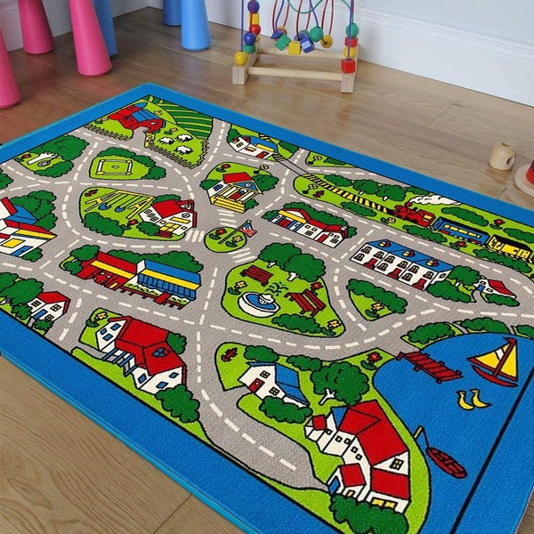 Kids Area Rug Roads Map Train Tracks Cars Play Mat Extra-Large Nursery Play Rug for Toy Cars and Trucks with Non-Slip Backing and No Chemical Smell,Safe and Fun Baby Mat-Extra Soft (8 Feet X 10 Feet)
