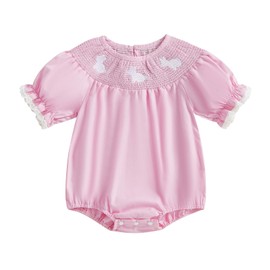 Amnnchya Easter Cute Baby Girl Outfit Bunny Short Sleeve Rabbit Bubble Romper Newborn Infant First Easter Clothes (Pink, 6-12 Months)