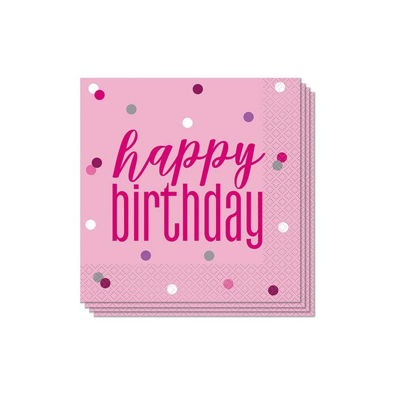Glitz Pink & Silver Happy Birthday Luncheon Napkins (16cm) -