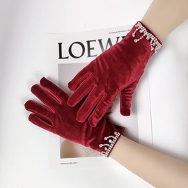 Instiqueo Velvet Women's Opera Evening Party Gloves with Beads - Bridal Wedding Gloves Red