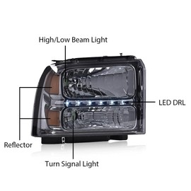G-PLUS LED Point Style Headlights Assembly,Compatible with Ford F250 F350 F450 F550 Super Duty 2005 2006 2007,Headlamps DRL BAR Smoky Lens Chrome Housing Amber Reflector,faros delanteros