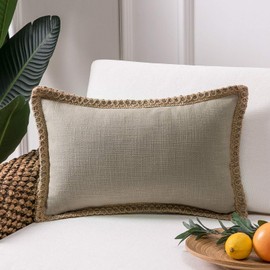 Phantoscope Farmhouse Decorative Throw Pillow Cover Burlap Linen Trimmed Tailored Edges Outdoor Pillow Beige 12 x 20 inches, 30 x 50 cm