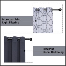 BONZER Mix and Match Curtains - 2 Pieces Moroccan Print Sheer Curtains and 2 Pieces Blackout Curtains for Bedroom Living Room Grommet Window Drapes, 37x84 Inch/Panel, Dark Grey, Set of 4 Panels
