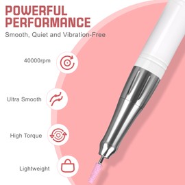 Nail Drill Professional, 40000RPM Rechargeable Electric Nail Drill with Corelss Motor, HoMove Cordless Nail Efile with Clock Power Dock for Acrylic Gel Nails Remove, Low Noise Low Vibration