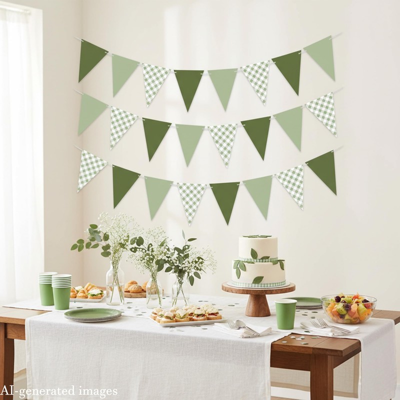 3Pcs Sage Green Gingham Pennant Banner Pre-Strung Triangle Flag Garland