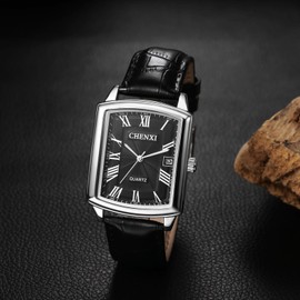 Square Watch Brand Leather Strap: Couples Watch, Roman Numerals, Date Included, Analog, Quartz, Wristwatch, Waterproof, Easy to Read Disc, Popular, Casual, Business, black-mens, Classic