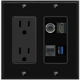 Wall Plate City 3.5mm HD PHONE USB-3 Port Wall Plate Black w Power Outlet