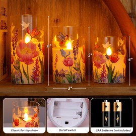 AFINETH Glass Flameless Candles with Remote, Hummingbird Floral Battery Operated Candles, Flickering LED Pillar Candle for Wedding, Home, Party Gift, Set of 3