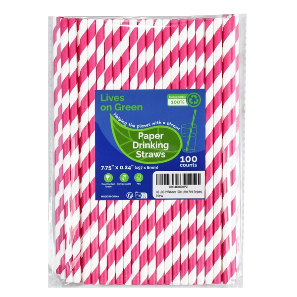 Lives on Green 7.75 inch Hot Pink Striped Paper Straws