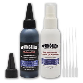 Black Rubber Toughened CA Glue with Premium Accelerator - 2oz Cyanoacrylate Super Glue - Medium-Thick 500 CPS Viscosity Adhesive Plus 2oz Instant Tack Spray by Springfield Speaker