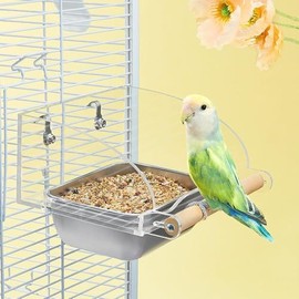 Bird Cage Seed Catcher Feeder with Perch and Anti-Slip Stand, Parrot Food Bowl for Medium Birds, Conures, Caiques, Small Cockatoos