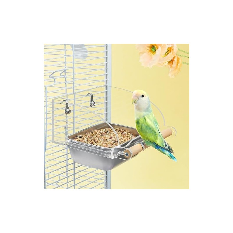 Bird Cage Seed Catcher Feeder with Perch and Anti-Slip Stand,