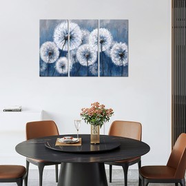 Novup Dandelion Wall Art,White Dandelion In the Blue Background 3 Piece Canvas Print Wall Art for Living Room Bedroom Wall Painting Decoration Modern Abstract Artwork Ready to Hang