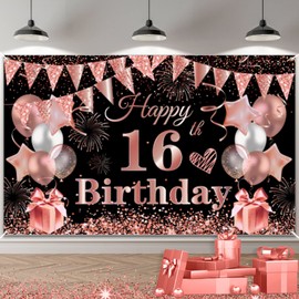 TUTUXMA 16th Birthday Party Decorations, 16th Black Rosegold Birthday Backdrop Banner Photo Booth Sign Decoration, Large Sixteen Birthday Banner Background for Girls 16th Birthday Party Supplies