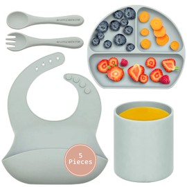 Baby Silicone Feeding Set - (5 Pack) Baby Bib, Suction Divided Plate, Self Feeding Spoon & Fork - Food Grade Soft Silicone, Toddler Weaning Utensils Plates, Infant Feeding Utensils Set for 6+ Months