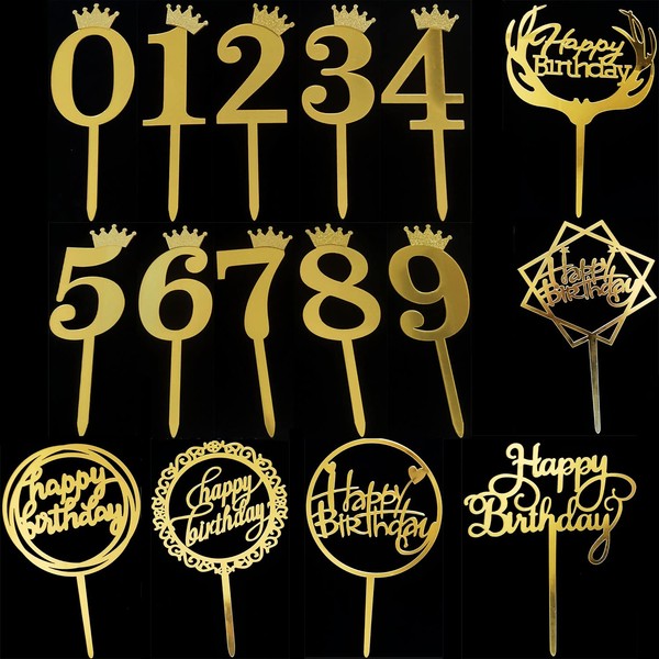 HBTPER 10 adornos de acrílico dorado con números 0-9 y 6 adornos de acrílico dorado para tartas de feliz cumpleaños para fiestas de cumpleaños, bodas, aniversarios (juego de 16)