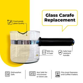 Jarra de repuesto para café espresso de vidrio, 4 tazas (200 ml). Se adapta a la mayoría de máquinas de café y cafeteras. Tecnología PerfectPour PLUS Crema de acero inoxidable (8 onzas).