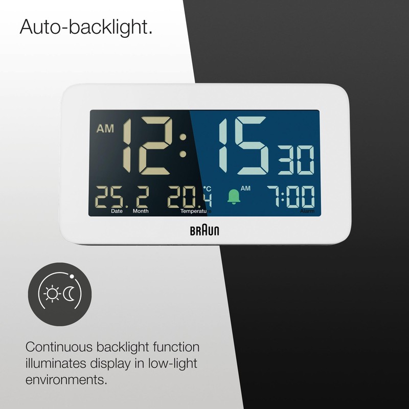 Braun Digital Alarm Clock with Date, Month and Temperature Displayed,