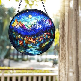 kdqua Mountain Suncatcher Stained Glass Window Hanging, Rustic Mountain Landscape Night Court Sun Catchers Indoor Window Glass Round Wall Decor, Nature Wall Art Hanging Decorations Statues, 7.9x7.9in