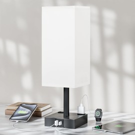 Touch Bedside Table Lamp for Nightstand - 3-Way Dimmable Night Lamp with USB A + Type C Charging Ports and Two AC Outlets, Small Desk Light with E26 LED Bulb for Bedroom Living Room,White Black