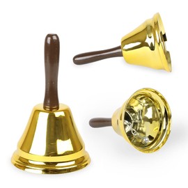 Gold Handheld Christmas Bell - Brown Wooden Handled Bell For Christmas Carolers, Dinner Bell, Father Christmas/Santa Bell And Fancy Dress