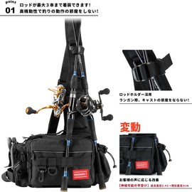 HAKAWAFLY 5-Way Fishing Bag with 2 Rod Belts and 5 Carabiners, Fishing Carrier Case, Waterproof Tackle Bag, Multi-functional, Large Capacity, Langan Bag (Black)