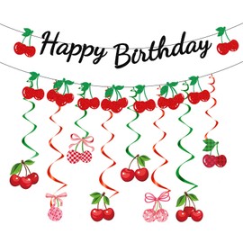 Luvsweets Cherry Birthday Party Decorations - 10 Pcs Sweet Cherry Decor for Girls Glitter Cherry Themed Happy Birthday Banner Garland Hanging Swirls Decorations Cherries Decor Party Favors