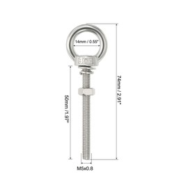 sourcing map M5 3/16"x1.97" Stainless Steel Eye Bolts Threaded Screw Eyebolt Shoulder Ring with Nuts Washers for Lifting Hanging, 4 Set
