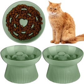 Tioncy 2 Pcs Ceramic Slow Feeder Raised Cat Bowl Cat Food Bowl Elevated Cat Bowls Dry Wet Food and Water Bowl Easy to Clean Pet Bowls High Edge for Cats Small Dogs, Dishwasher Safe (Sage Green)