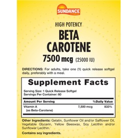 Sundance Beta Carotene 7500mcg | 60 Softgels | Provitamin A | High Potency Formula | Non-GMO and Gluten Free Supplement