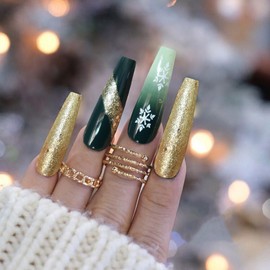 Christmas Press on Nails Long Coffin Fake Nails with Swirl Gold Glitter Designs French tips Green Glue on Nails Snowflake Stick on Nails Glossy Reusable Xmas False Nails for Women Manicure 24pcs