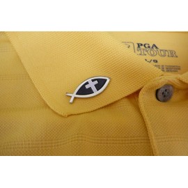 CHRISTIAN PIN FISH W/WHITE CROSS,  SILVER TONE STAMPED BRONZE SOFT ENAMEL