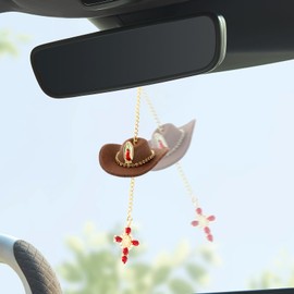 AutoZubehör zum Aufhängen Cowboyhut,Auto Hänge Anhänger Ornament Hut Auto-Spiegelaufhängung Kristallkreuz aus Kristall Car Accessory Rückspiegel Innen Dekoration Cowgirl Spiegel Zubehör Geschenke