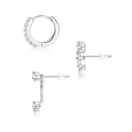 AzureRay 3 Pairs of 925 Silver Women's Hoop Earrings Set, Hypoallergenic 14 Carat White Gold Plated Earrings Silver 925 Set with Cubic Zirconia, Perfect for Multiple Ear Holes, Unit size, Alloy Steel