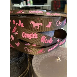 Unbranded 5 YDS Grosgrain Ribbon Cowgirls Rule Horse Shoes Western Country Girl 7/8” 5 YDS