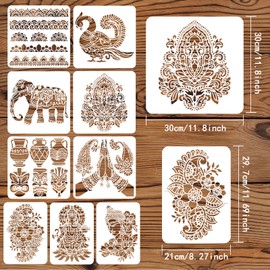 FINGERINSPIRE 9PCS Indian Theme Stencil 2 Size Elephant God Buddha Vase Flowers Peacock Stencils DIY Henna Buddha Stencil Reusable Plastic Stencils for Painting on Wood, Wall, Floor, Fabric, Canvas