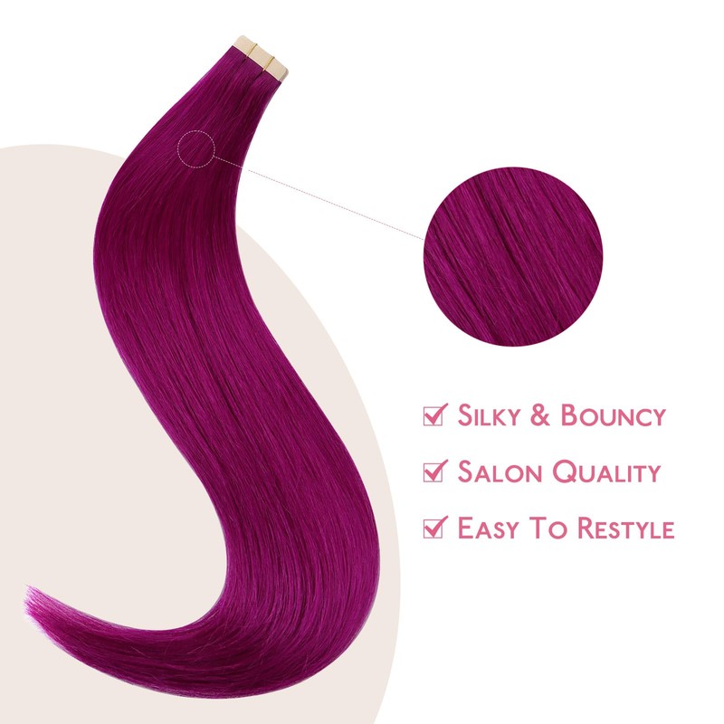 WENNALIFE Tape Extensions Real Hair Purple 10 Pieces Tape-In Extensions