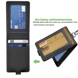 ID Card Holder Waterproof Card Case with Lanyard PU Leather ID Card Holder 2-Sided ID Card Holder Badge Holder Work Card Holder Credit Card Holder with 1 ID Window 4 Card Slots, Black
