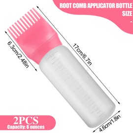 Pimoys Hair Oil Applicator Bottle 6 Ounce, 2 Pack Root Comb Applicator Bottle Hair Dye Oiling Applicator Brush with Graduated Scale, Pink
