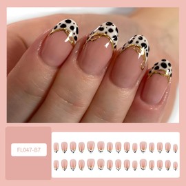 QEYRIYI Leopard Print French Tip Press on Nails Short Almond Fake Nail with Designs 3D Gold Stripe False Nails Acrylic Glue on Nail Glossy Full Cover Artificial Stick on Nail for Women 24 Pcs