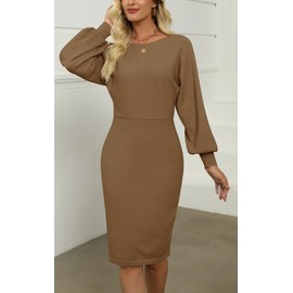 MIROL Women's Casual 2025 Long Puff Sleeve Solid Bodycon Midi Dress Ribbed Knit Oversized Pullover Sweater Dress Khaki