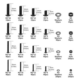 1414 Pieces M2 M3 M4 M5 Screws Set, Black Allen Screws Nuts Set with Washers Set, Threaded Screws with Nuts, Pan Head Screws and Nuts, Bicycle Screws Set